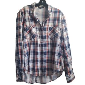 Velvet Heart Tencel Plaid Button Up Long Sleeve Top Orange Blue White Size Large